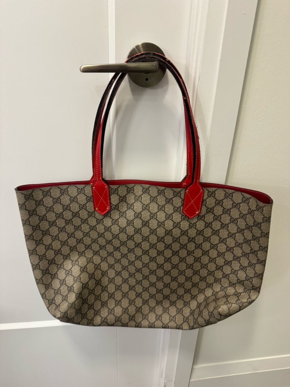 Gucci Beige GG Supreme Canvas Tote with Red Trim and Handles